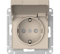 Механизм розетки Systeme Electric ATLASDESIGN с заземлением, со шторками, с крышкой, 16А, IP20, быстрозажимная клемма, песочный ATN001246S
