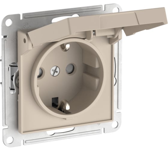 Механизм розетки Systeme Electric ATLASDESIGN с заземлением, со шторками, с крышкой, 16А, IP20, быстрозажимная клемма, песочный ATN001246S