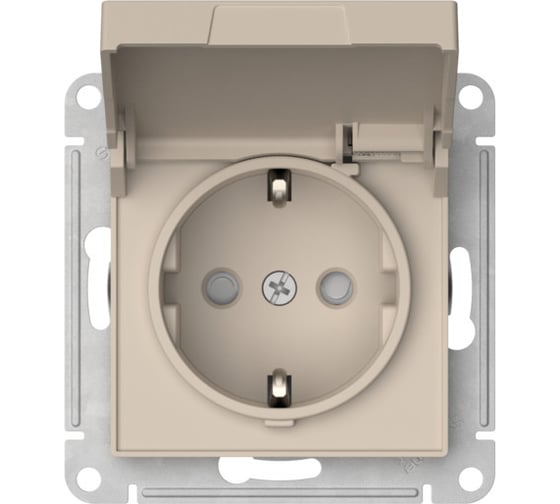 Механизм розетки Systeme Electric ATLASDESIGN с заземлением, со шторками, с крышкой, 16А, IP20, быстрозажимная клемма, песочный ATN001246S