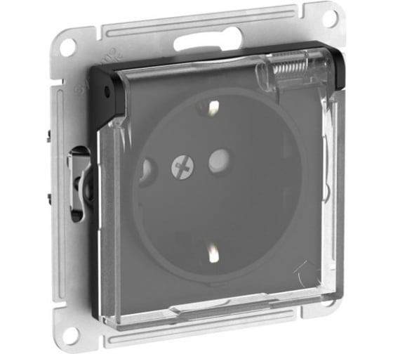 Розетка Systeme Electric ATLASDESIGN AQUA с заземлением со шторками с прозрачной крышкой, 16А, IP44, мех., быстрозажимные клеммы, карбон ATN441046S