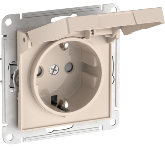 Механизм розетки Systeme Electric ATLASDESIGN с заземлением, со шторками, с крышкой, 16А, IP20, быстрозажимная клемма, бежевый ATN000246S