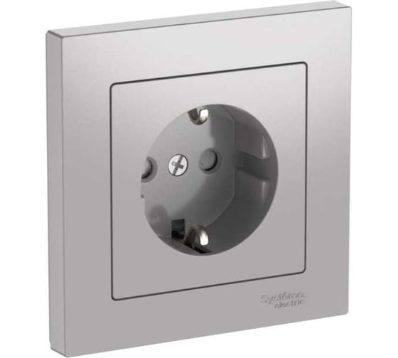 Розетка Systeme Electric ATLASDESIGN с заземлением со шторками, 16А, в сборе, быстрозажим. клем., алюминий ATN000344S
