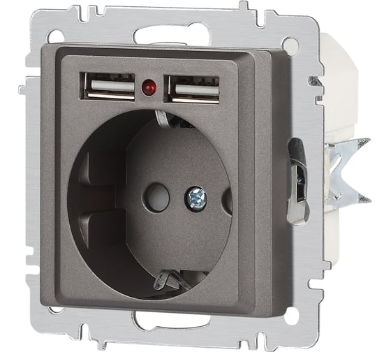 Розетка Intro Accent 6-410-09 PE Schuko со шторками, 16А250В 2хUSB, IP20, СУ, титан Б0063711