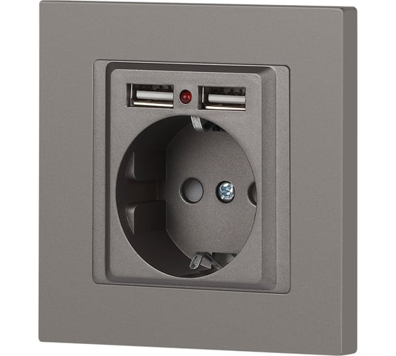 Розетка Intro Accent 6-410-09 PE Schuko со шторками, 16А250В 2хUSB, IP20, СУ, титан Б0063711