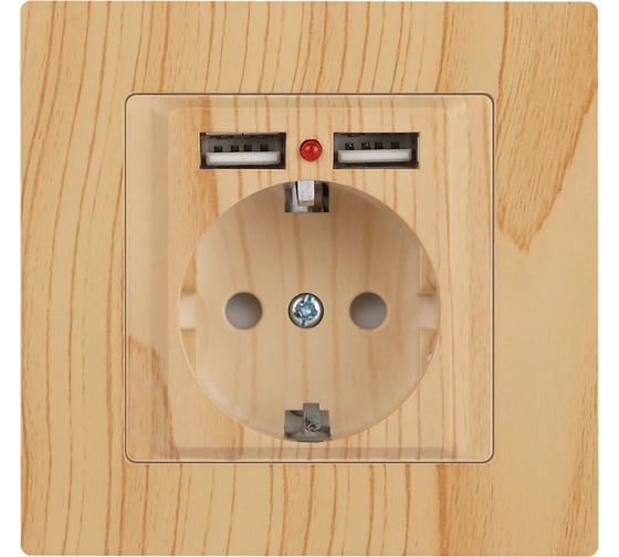 Розетка Intro Accent 641011, PE Schuko со шторками, 16А 250В 2хUSB, IP20, СУ, сосна Б0063720