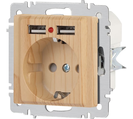 Розетка Intro Accent 641011, PE Schuko со шторками, 16А 250В 2хUSB, IP20, СУ, сосна Б0063720