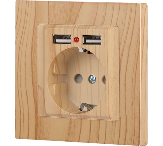 Розетка Intro Accent 641011, PE Schuko со шторками, 16А 250В 2хUSB, IP20, СУ, сосна Б0063720