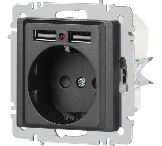 Розетка Intro Accent 641007 PE Schuko со шторками, 16А 250В 2хUSB, IP20, СУ, графит Б0063702