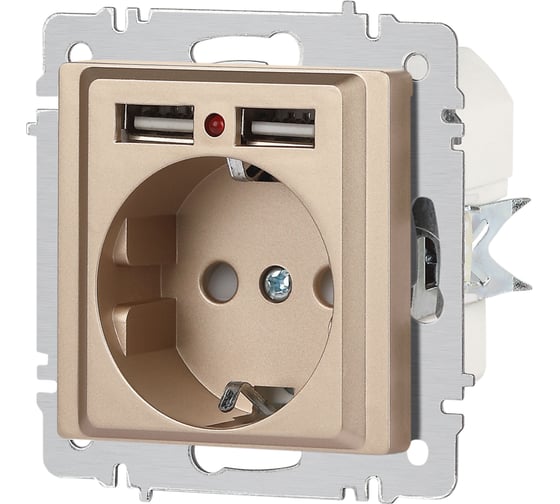 Розетка Intro Accent 641004, PE Schuko со шторками, 16А 250В 2хUSB, IP20, СУ, шампань Б0063696