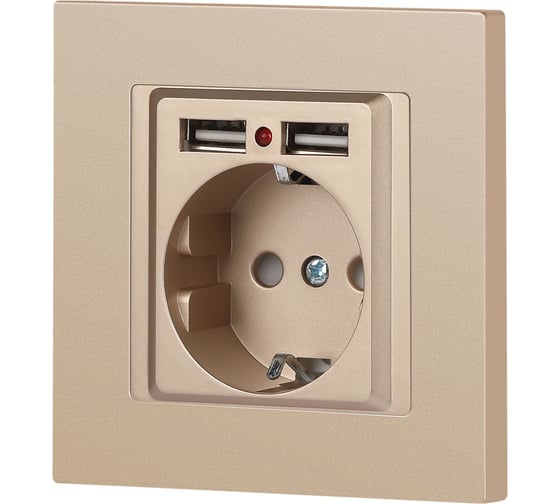 Розетка Intro Accent 641004, PE Schuko со шторками, 16А 250В 2хUSB, IP20, СУ, шампань Б0063696