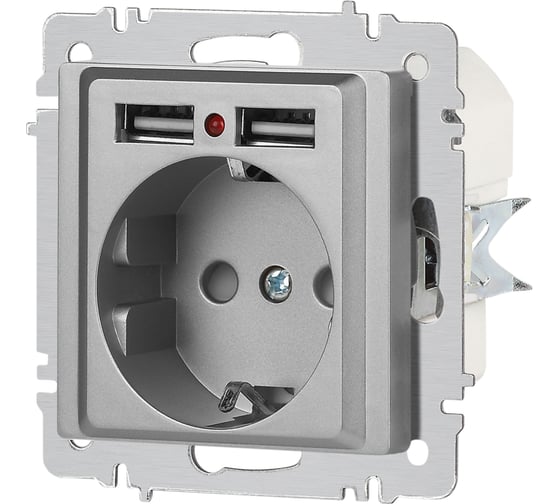 Розетка Intro Accent 641003, PE Schuko со шторками, 16А 250В 2хUSB, IP20, СУ, алюминий Б0063694