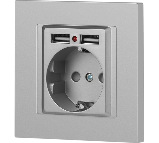 Розетка Intro Accent 641003, PE Schuko со шторками, 16А 250В 2хUSB, IP20, СУ, алюминий Б0063694
