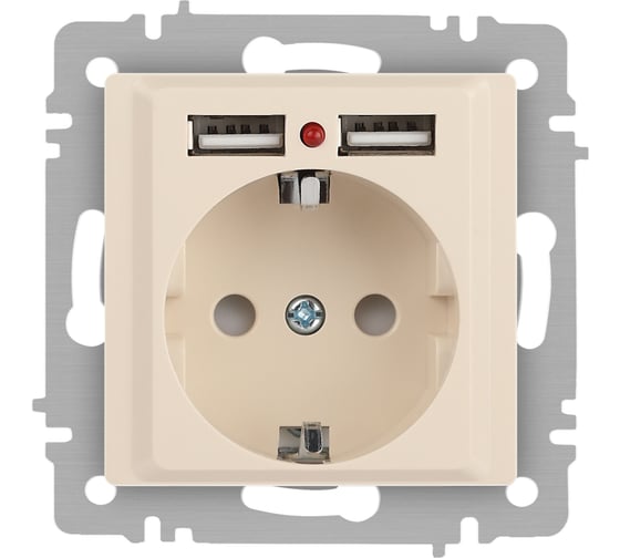 Розетка Intro Accent 641002, PE Schuko со шторками, 16А 250В 2хUSB, IP20, СУ, слоновая кость Б0063692
