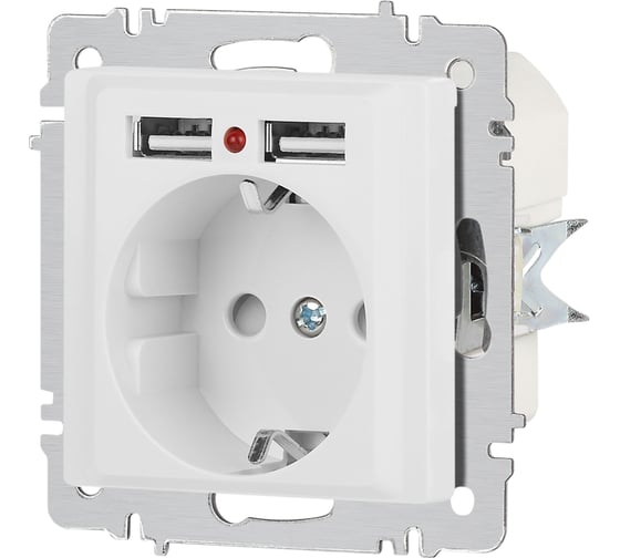 Розетка Intro Accent 641001М, PE Schuko со шторками, 16А 250В 2хUSB, IP20, СУ, белый матовый Б0063691
