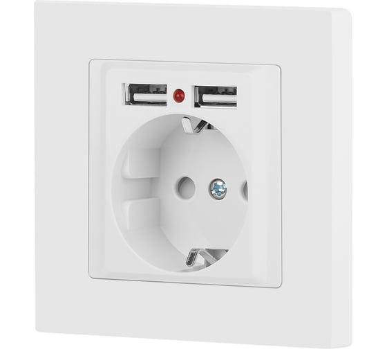 Розетка Intro Accent 641001М, PE Schuko со шторками, 16А 250В 2хUSB, IP20, СУ, белый матовый Б0063691