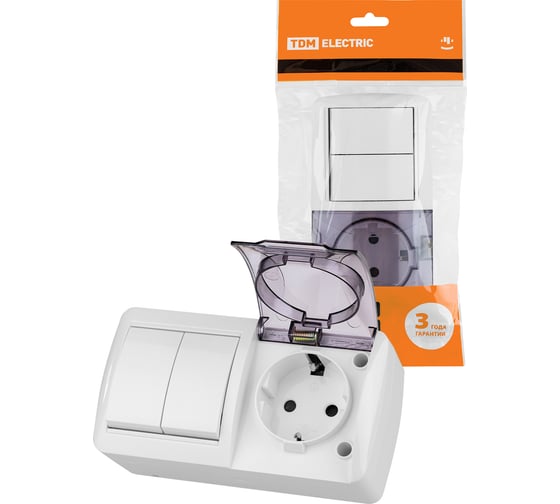 Блок TDM ELECTRIC выключатель 2-клавишный 10А + розетка 2П+З 16А с защитными шторками, с прозрачной крышкой, упаковка 5 штук, IP54 белый "Селигер" SQ1818-0023 1