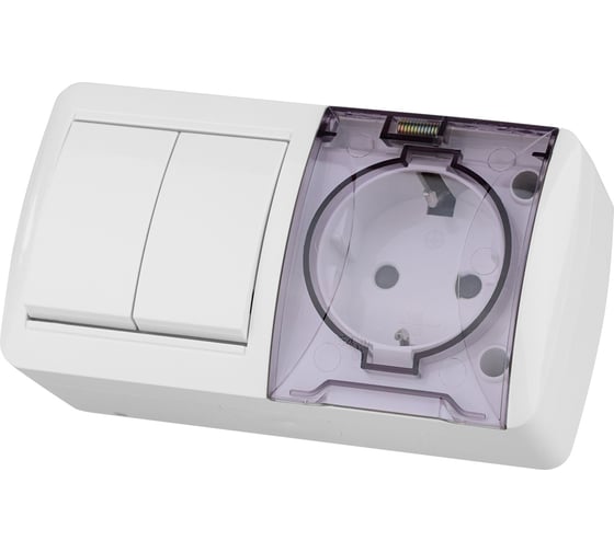 Блок TDM ELECTRIC выключатель 2-клавишный 10А + розетка 2П+З 16А с защитными шторками, с прозрачной крышкой, упаковка 5 штук, IP54 белый "Селигер" SQ1818-0023