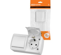 Блок TDM ELECTRIC выключатель 1-клавишный 10А + розетка 2П+З 16А с защитными шторками, с крышкой, упаковка 5 штук, IP54 белый "Селигер" SQ1818-0020