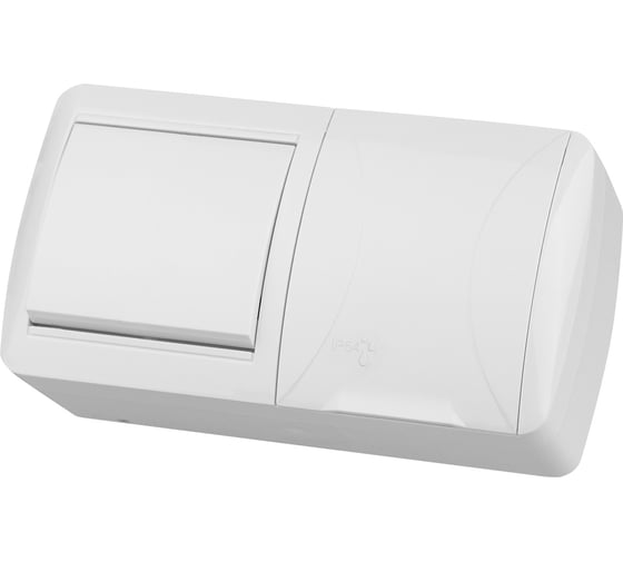 Блок TDM ELECTRIC выключатель 1-клавишный 10А + розетка 2П+З 16А с защитными шторками, с крышкой, упаковка 5 штук, IP54 белый "Селигер" SQ1818-0020