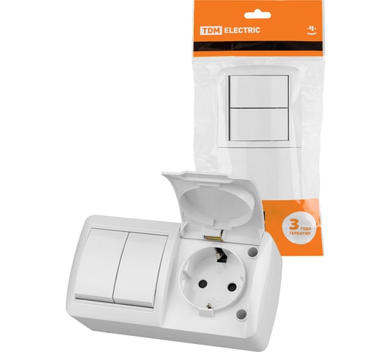 Блок TDM ELECTRIC выключатель 2-клавишный. 10А + розетка 2П+З 16А с защитными шторками, с крышкой, упаковка 5 штук, IP54 белый "Селигер" SQ1818-0022 1