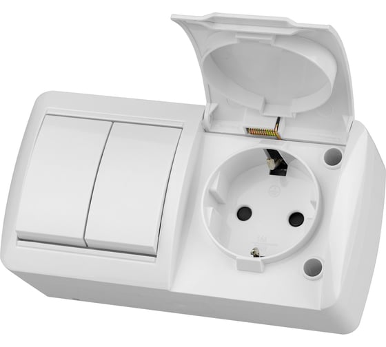 Блок TDM ELECTRIC выключатель 2-клавишный. 10А + розетка 2П+З 16А с защитными шторками, с крышкой, упаковка 5 штук, IP54 белый "Селигер" SQ1818-0022