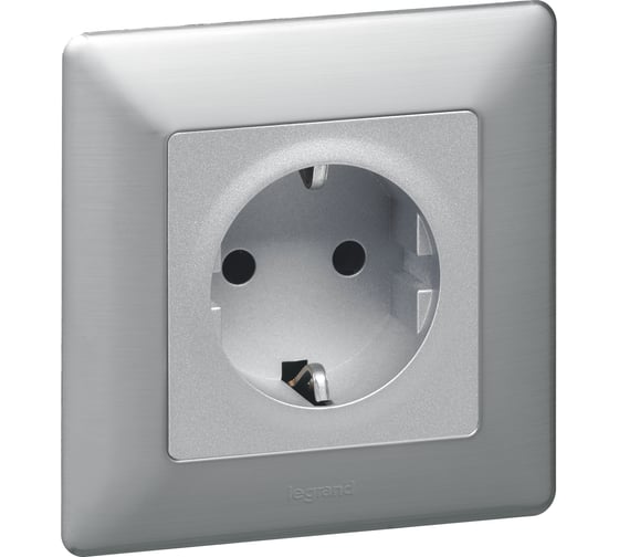Силовая розетка Legrand Valena LIFE  2К+З 16А 250В с защитными шторками.Безвинтовые зажимы.С лицевой панелью.Алюминий 753620