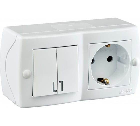 2-клавишный выключатель+розетка с заземлением MONO ELECTRIC Octans, белый 104-010101-181