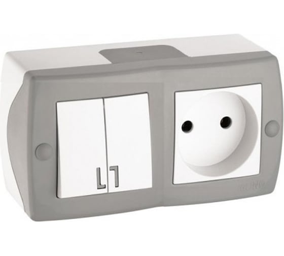 2-клавишный выключатель+розетка без заземления MONO ELECTRIC Octans, серый 104-020001-182 1