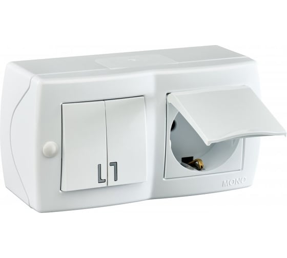 2-клавишный выключатель+розетка с крышкой с заземлением MONO ELECTRIC Octans, белый 104-010101-187 1