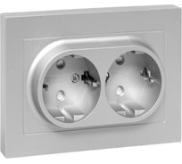 Механизм розетки двойной EKF 16А, с заземлением, со шторками, с рамкой, алюминий Эпика UP1-SOA-211