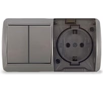 Блок горизонтальный UNIVersal серия Клио, о/у, выключатель двухклавишный + розетка с прозрачной крышкой, IP54, с/з, 16А, 220В, серый, еврослот К2239-Gr