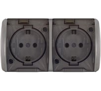 Розетка двухместная UNIVersal серия Клио, с прозрачной крышкой, IP54, с/з, о/у, 16А, 220В, серый, еврослот К2232-Gr