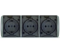 Розетка трехместная UNIVersal серия Клио, с прозрачной крышкой, IP54, с/з, о/у, 16А, 220В, серый, еврослот К2235-Gr