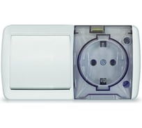 Блок горизонтальный UNIVersal серия Клио, о/у, выключатель одноклавишный + розетка одноместная с прозрачной крышкой, IP54, с/з, 16А, 220В, белый, еврослот К2237