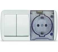 Блок горизонтальный UNIVersal серия Клио, о/у, выключатель двухклавишный + розетка с прозрачной крышкой, IP54, с/з, 16А, 220В, белый, еврослот К2239