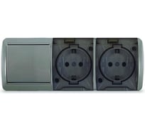 Блок горизонтальный UNIVersal серия Клио, о/у, выключатель одноклавишный + розетка двухместная с прозрачной крышкой, IP54, с/з, 16А, 220В, серый, еврослот К2238-Gr