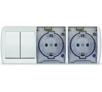 Блок горизонтальный UNIVersal серия Клио, о/у, выключатель двухклавишный + розетка двухместная с прозрачной крышкой, IP54, с/з, 16А, 220В, белый, еврослот К2240