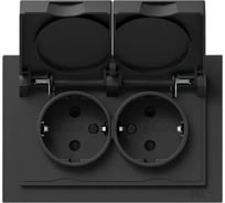 Механизм розетки двойной EKF Эпика 16А, IP44, с заземлением, со шторками, с рамкой, с крышками, чёрный UP1-SOB-211-44