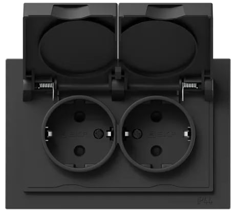 Механизм розетки двойной EKF Эпика 16А, IP44, с заземлением, со шторками, с рамкой, с крышками, чёрный UP1-SOB-211-44
