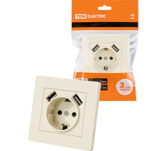 Розетка TDM 2П+З 16А 250В + 2 USB порта 2,1А 5В сл. кость "Сенеж" SQ1816-0153