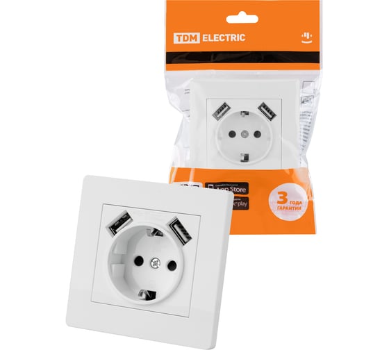 Розетка TDM 2П+З 16А 250В + 2 USB порта 2,1А 5В белая "Сенеж" SQ1816-0053