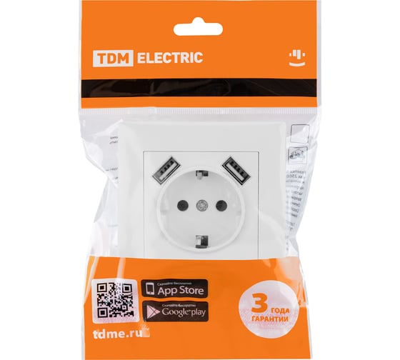 Розетка TDM 2П+З 16А 250В + 2 USB порта 2,1А 5В белая "Сенеж" SQ1816-0053