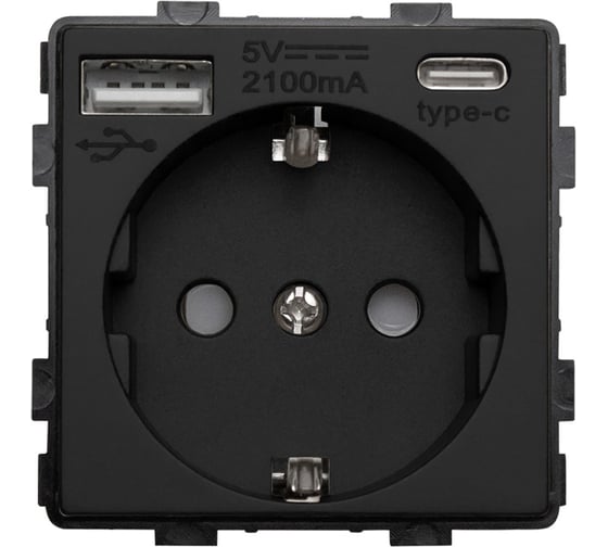Розетка Vell черная, электрическая, 16 А, 54x54 мм, 250 В, USB-A, USB-C, модуль, {BK-EUAC} 1378995