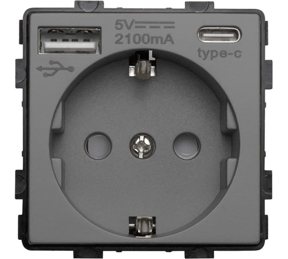 Розетка Vell серая, электрическая, 16 А, 54x54 мм, 250 В, USB-A, USB-C, модуль, {GY-EUAC} 1378996
