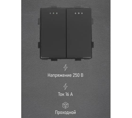 Выключатель Vell черный, проходной, двухклавишный, 16 А, 54x54 мм, 250 В, модуль, {BK-2L-2W} 1379047
