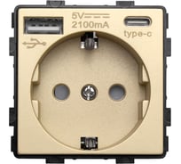 Розетка Vell золотая, электрическая 48x48 мм 16А 250В, USB-A, USB-C, модуль 1378997