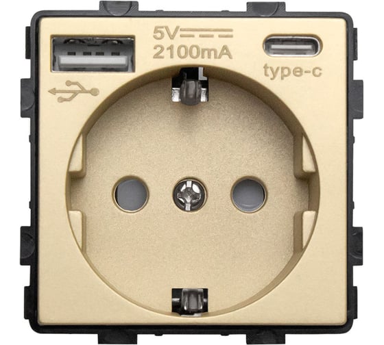 Розетка Vell золотая, электрическая 54x54 мм 16А 250В, USB-A, USB-C, модуль, {GD-EUAC} 1378997