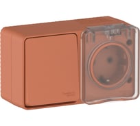 Блок Systeme Electric: Розетка с заземлением со шторками, 16 АХ, 250 В, Выключатель 1-клавишный, 10 АХ, AtlasDesign Profi IP54, открытой установки, Терракотовый ATN547070