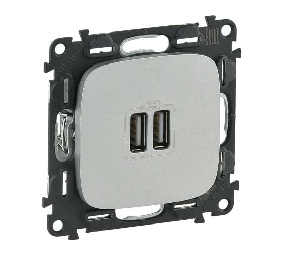 Розетка Legrand Valena ALLURE Алюминий 2-ая USB 240В/5В 1500мА с лицевой панелью 754997 1