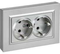 Розетка IEK BRITE 2-я с заземлением, с защитными шторками, плоская, 16А в сборе РСшПл12-3-БрА алюминий BR-R28-16-K47-F